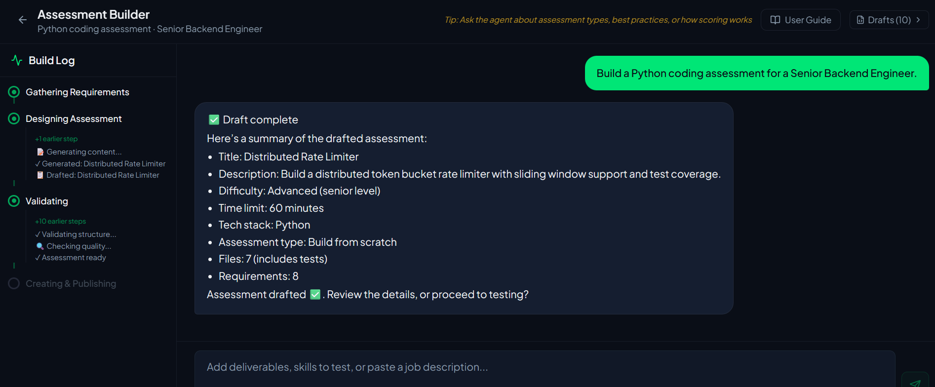 VibeLevel AI Assessment Builder chat-driven authoring flow