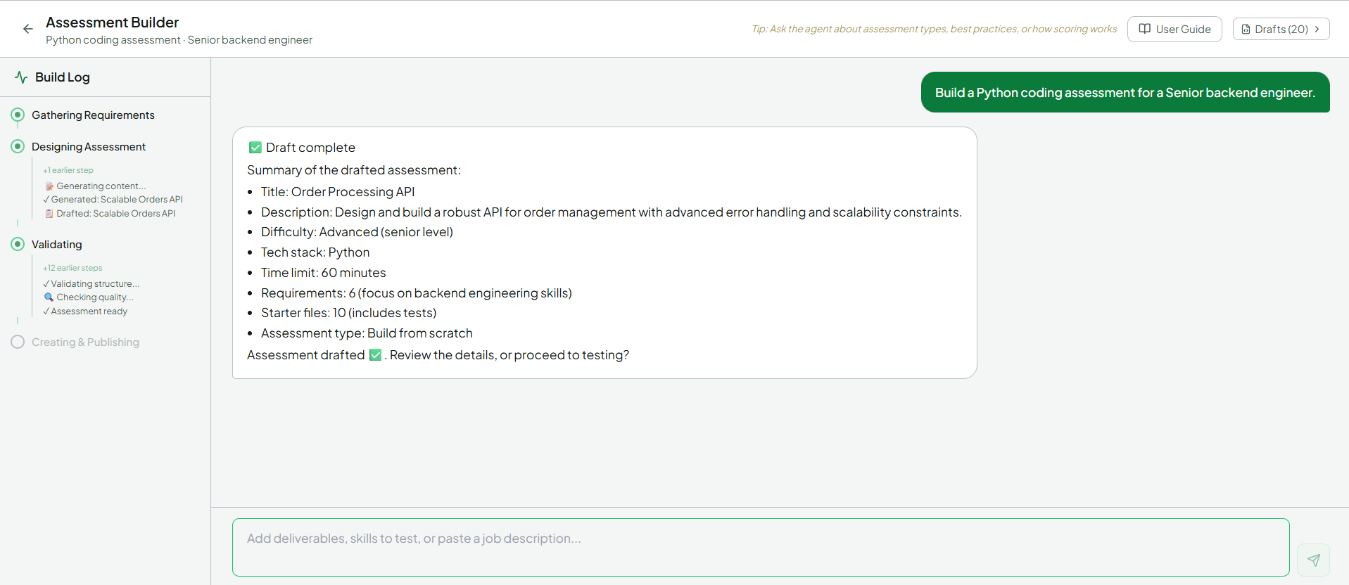 VibeLevel AI Assessment Builder chat-driven authoring flow