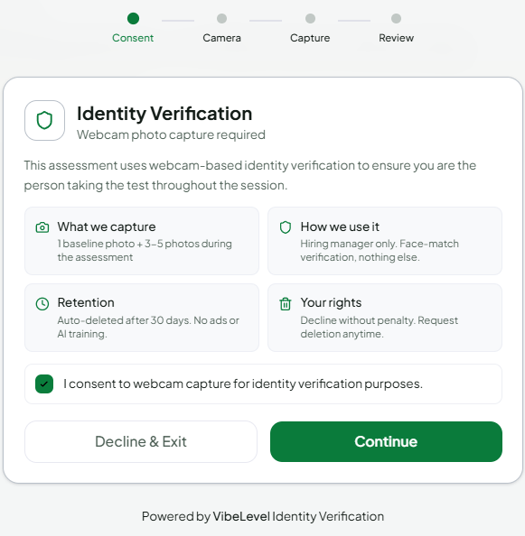 VibeLevel identity verification panel